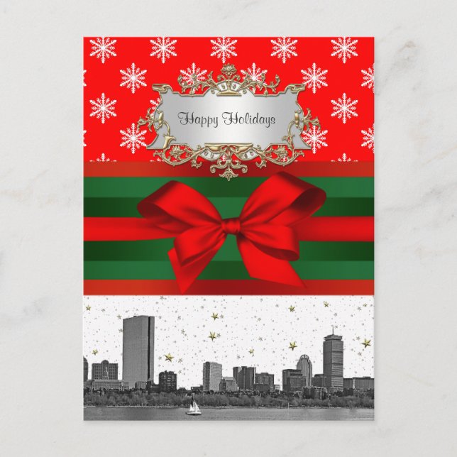Cartes Pour Fêtes Annuelles Boston Skyline Red Snowflon Noël (Devant)