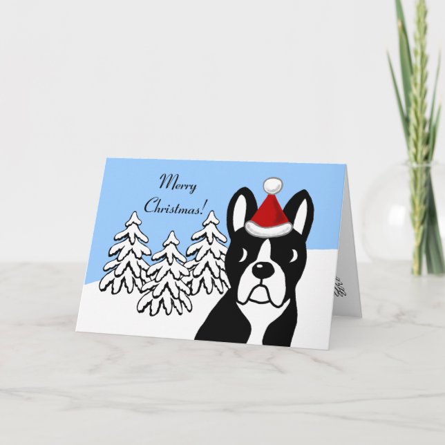 Cartes Pour Fêtes Annuelles Boston Terrier Cartographie de Noël Snow Woods (Devant)