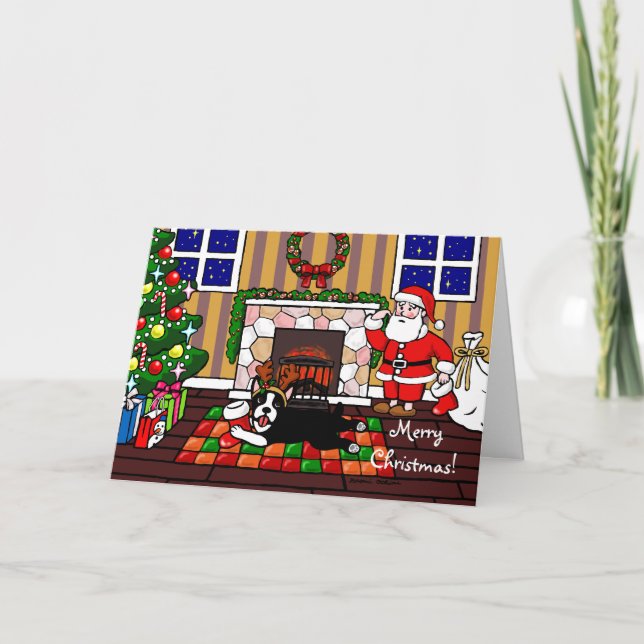 Cartes Pour Fêtes Annuelles Boston Terrier et bande dessinée 3 de Noël de Père (Devant)