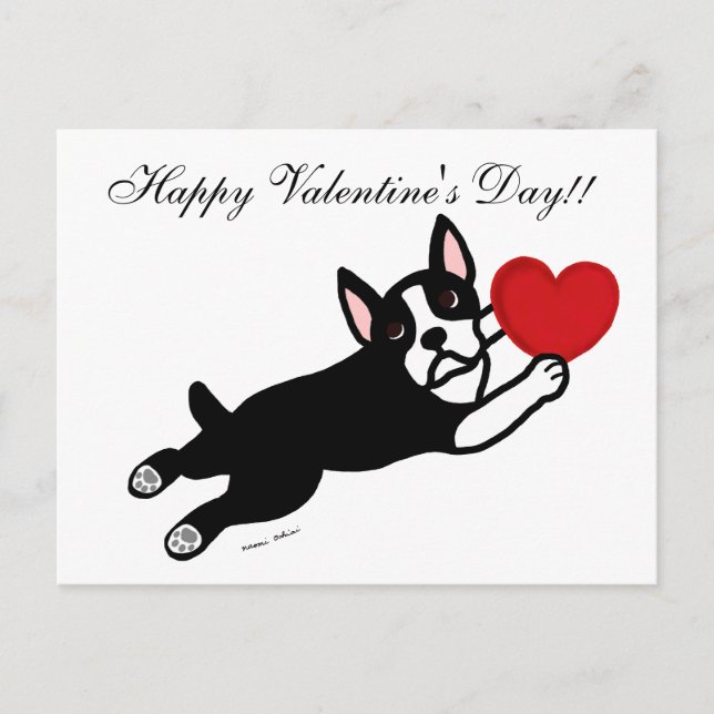 Cartes Pour Fêtes Annuelles Boston Terrier et bande dessinée rouge de coeur (Devant)