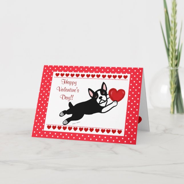 Cartes Pour Fêtes Annuelles Boston Terrier et coeur rouge Valentine (Devant)