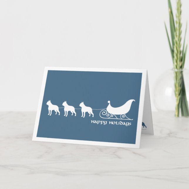 Cartes Pour Fêtes Annuelles Boston Terriers tirant Père Noël Sleigh (Devant)