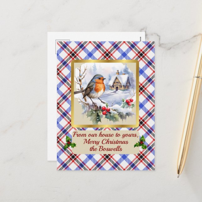 Cartes Pour Fêtes Annuelles Boswell Crest & Tartan avec Robin Personnalisé (Devant/Arrière en situation)