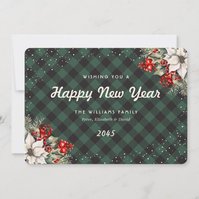 Cartes Pour Fêtes Annuelles Botanical Green Plaid Snow New Year Card (Devant)