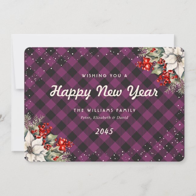 Cartes Pour Fêtes Annuelles Botanical Purple Plaid Snow New Year Card (Devant)