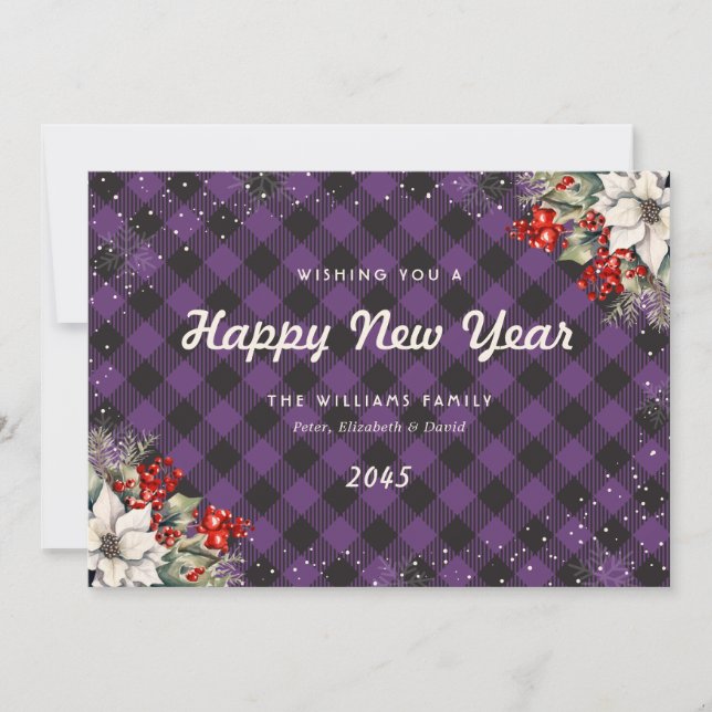 Cartes Pour Fêtes Annuelles Botanical Purple Plaid Snowflake New Year Card (Devant)