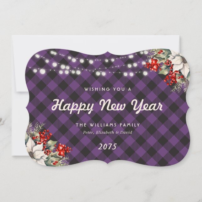 Cartes Pour Fêtes Annuelles Botanical Purple Plaid String Lights New Year Card (Devant)