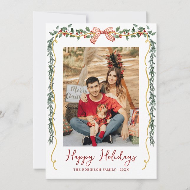 Cartes Pour Fêtes Annuelles Botanique de verdure & Bow Joyeuses vacances 1 Pho (Devant)