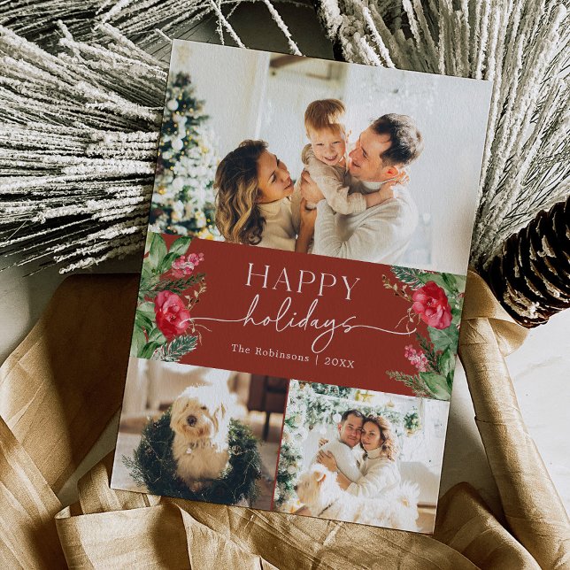 Cartes Pour Fêtes Annuelles Botanique d'hiver Bourgogne Rouge moderne Script p (Créateur téléchargé)