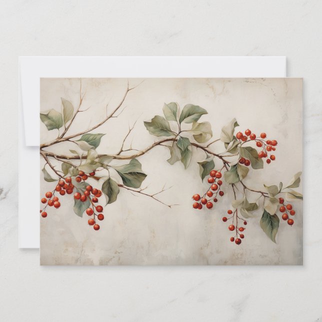 Cartes Pour Fêtes Annuelles Botanique Green Holly et Red Berries (Devant)