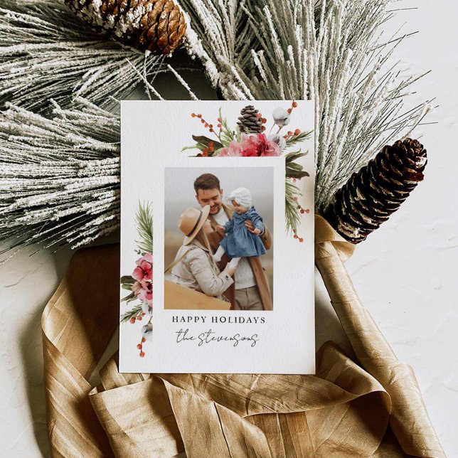 Cartes Pour Fêtes Annuelles Botanique Joyeuses Vacances Photo Personnalisée (Créateur téléchargé)