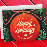 Cartes Pour Fêtes Annuelles Botanique moderne rouge boule de Noël<br><div class="desc">Le design est composé d'un ornement de Noël rouge sur un arrière - plan sombre. Ajoutez le nom,  l'année et le message personnalisé de votre famille. Disponible ici : http://www.zazzle.com/store/selectpartysupplies</div>