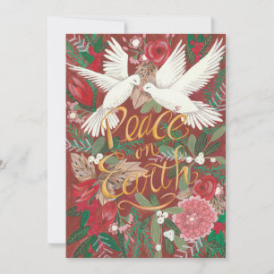Cartes Pour Fêtes Annuelles Botanique Rouge Paix sur Terre   Oiseaux Colombes 