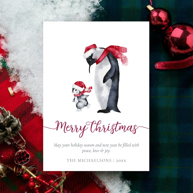 Cartes Pour Fêtes Annuelles Botanique simple moderne de pingouin de Noël (Simple Modern Christmas Penguin Botanical Holiday Card)