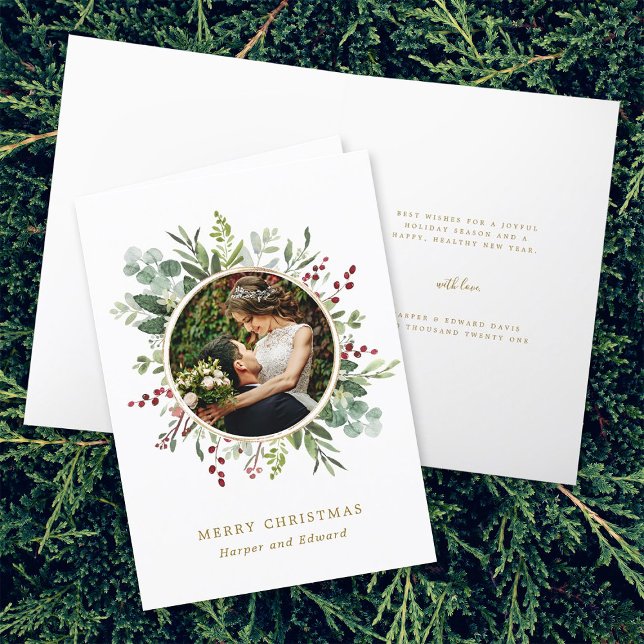 Cartes Pour Fêtes Annuelles Botanique Verdure Or Joyeux Noël Photo (Front & Inside)