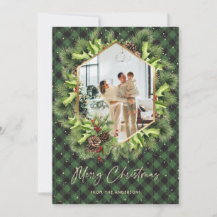 Cartes Pour Fêtes Annuelles Botaniques d'hiver à carreaux verts Photo Noël
