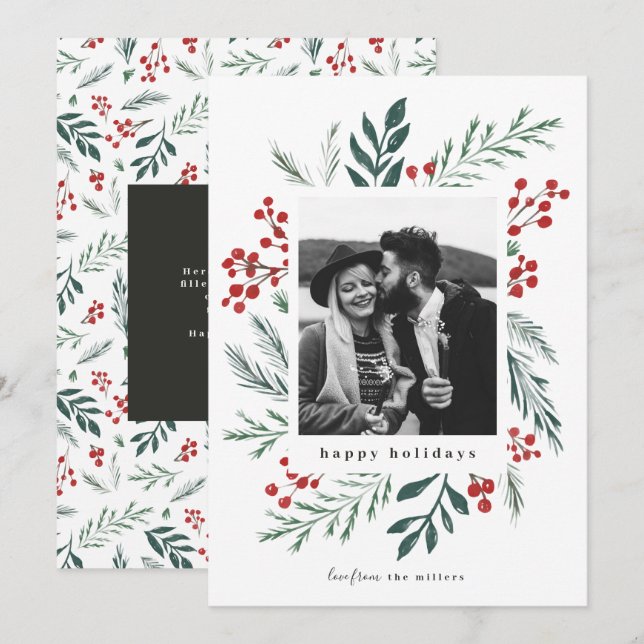 Cartes Pour Fêtes Annuelles Botaniques d'hiver Photo de Noël Couleurs classiqu (Devant / Derrière)