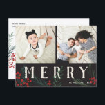Cartes Pour Fêtes Annuelles Botaniques typographiques 2 Photo Joyeux<br><div class="desc">Carte postale. Entièrement personnalisable de toutes les manières possibles, cette nouvelle collection de cartes de vacances présente nos baies d'hiver peintes à la main et des oeuvres d'art sur le feuillage. Des salutations modernes audacieuses entrelacées entre les oeuvres d'art font une déclaration typographique fantaisiste qui se démarque. Cette collection comprend...</div>