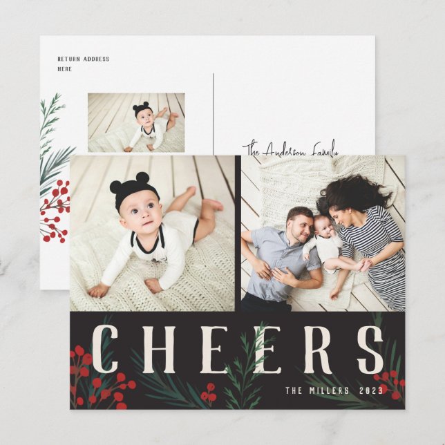 Cartes Pour Fêtes Annuelles Botaniques typographiques 2 Photos (Devant / Derrière)