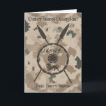 Cartes Pour Fêtes Annuelles Bouclier et oreilles du désert Maccabee - Russe<br><div class="desc">Un bouclier Maccabee &#39 ; et deux lances sur un arrière - plan de camo du désert. Le bouclier est orné d'un lion et d'un texte lisant &quot ; Yisrael&quot ; (Israël) dans l'alphabet paléo-hébreu. Le texte cyrillique (russe), "С ч а т с л и le de de de de...</div>
