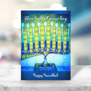 Cartes Pour Fêtes Annuelles Bougie de Hanukkah bleu-vert Citation lumineuse