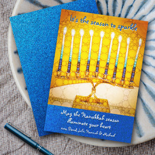 Cartes Pour Fêtes Annuelles Bougie de Hanukkah jaune Menorah Saison pour brill