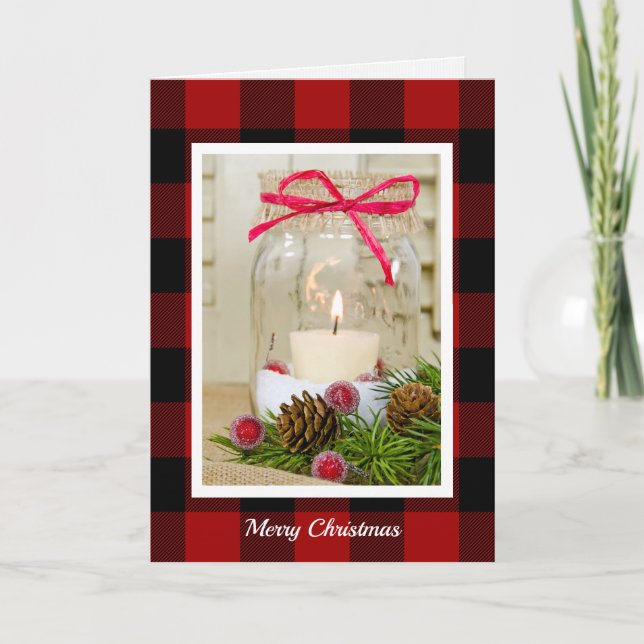 Cartes Pour Fêtes Annuelles Bougie de Noël Mason Jar sur plaid (Devant)