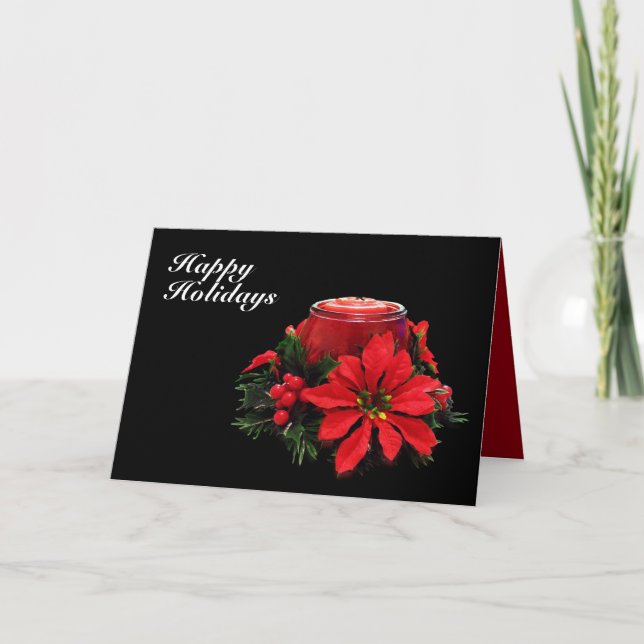 Cartes Pour Fêtes Annuelles Bougie de Noël rouge, Holly et Poinsettia (Devant)