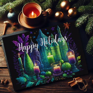 Cartes Pour Fêtes Annuelles Bougie de peinture aquarelle Noël violet vert