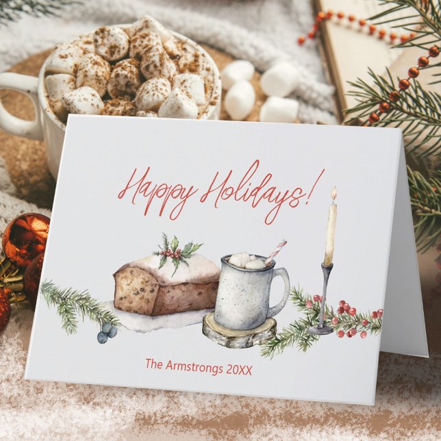 Cartes Pour Fêtes Annuelles Bougie gourmet cake aux fruits à l'aquarelle cosy (Cozy Gourmet Fruitcake Candle Christmas Holiday Card ©Susanne Sachers - Sunny Mind Design 🌞)