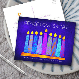Cartes Pour Fêtes Annuelles Bougies Hanukkah Moderne Bohème Bleu Paix Amour Lu