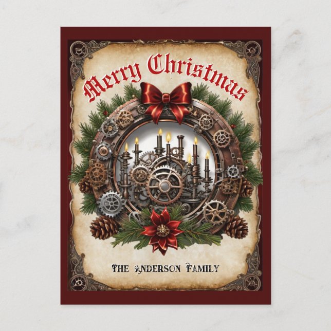 Cartes Pour Fêtes Annuelles Bougies vertes Steampunk Wreath Cogs Noël (Devant)