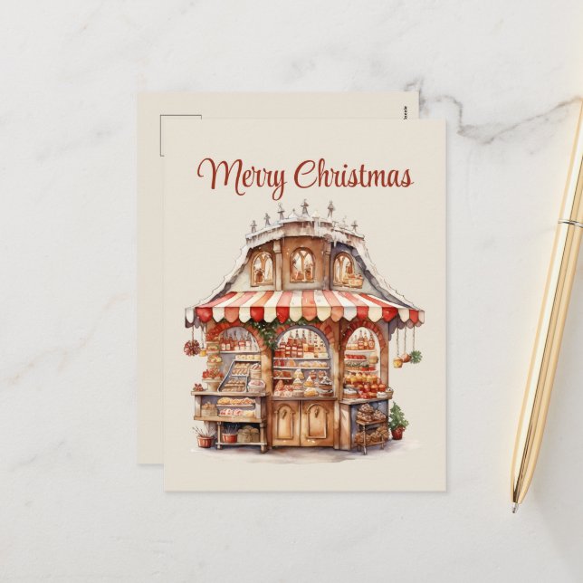 Cartes Pour Fêtes Annuelles Boulangerie de Noël aquarelle ajouter le texte (Devant/Arrière en situation)