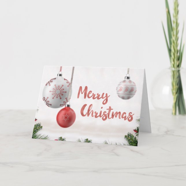 Cartes Pour Fêtes Annuelles Boule blanche et dorée avec neige Joyeux Noël (Devant)