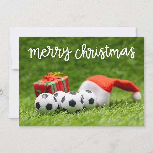 Cartes Pour Fêtes Annuelles Boule de football sur herbe verte pour Noël (Devant)