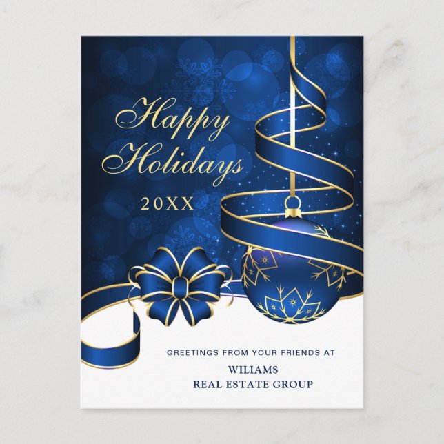 Cartes Pour Fêtes Annuelles Boule de Noël bleu doré Salutation d'entreprise (Devant)