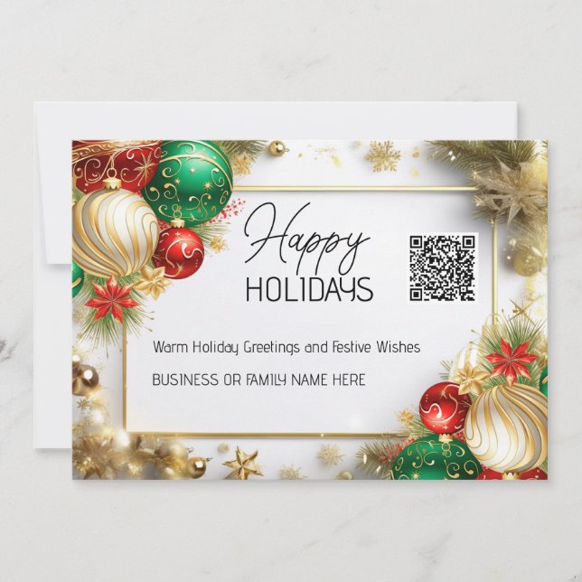 Cartes Pour Fêtes Annuelles Boule de Noël luxueuse blanc or QR affaires (Devant)