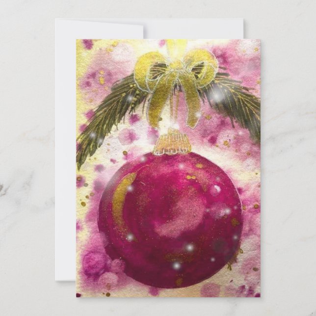 Cartes Pour Fêtes Annuelles Boule de Noël Magenta Ruban Doré Pailleté (Devant)