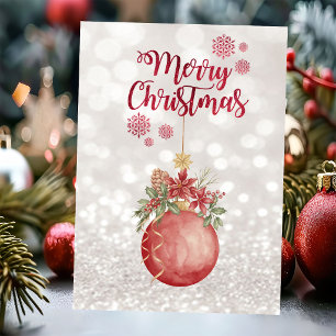 Cartes Pour Fêtes Annuelles Boule de Noël rouge aquarelle, Bokeh pailleté