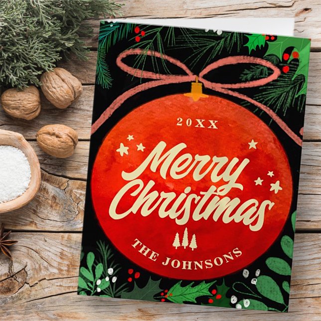 Cartes Pour Fêtes Annuelles Boule de Noël Rouge Moderne Ornement Botanique (Créateur téléchargé)