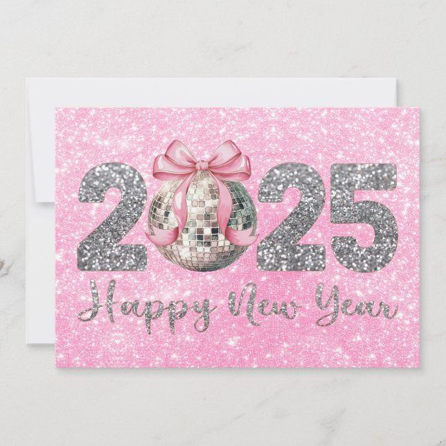 Cartes Pour Fêtes Annuelles Boule disco Ruban rose 2025 Nouvel An heureux (Devant)