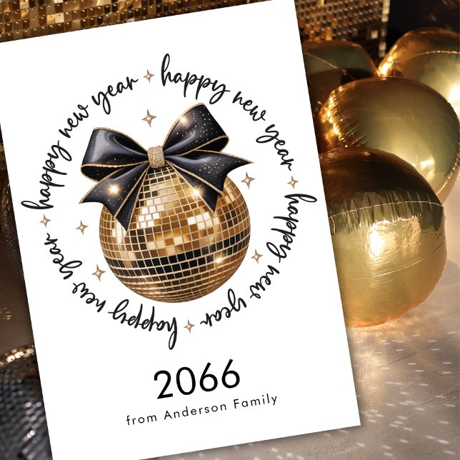 Cartes Pour Fêtes Annuelles Boule d'Or Ruban Noir Bonne Année 2026 Non Photo (Créateur téléchargé)