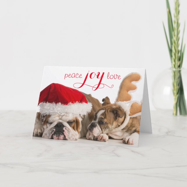 Cartes Pour Fêtes Annuelles Bouledogue anglais Père Noël et renne (Devant)