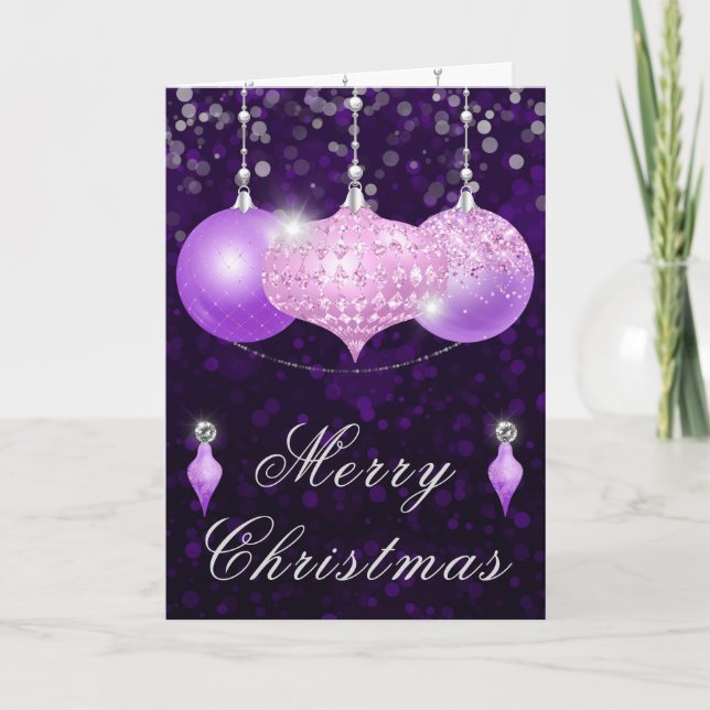 Cartes Pour Fêtes Annuelles Boules de Noël scintillantes rose et violet (Devant)