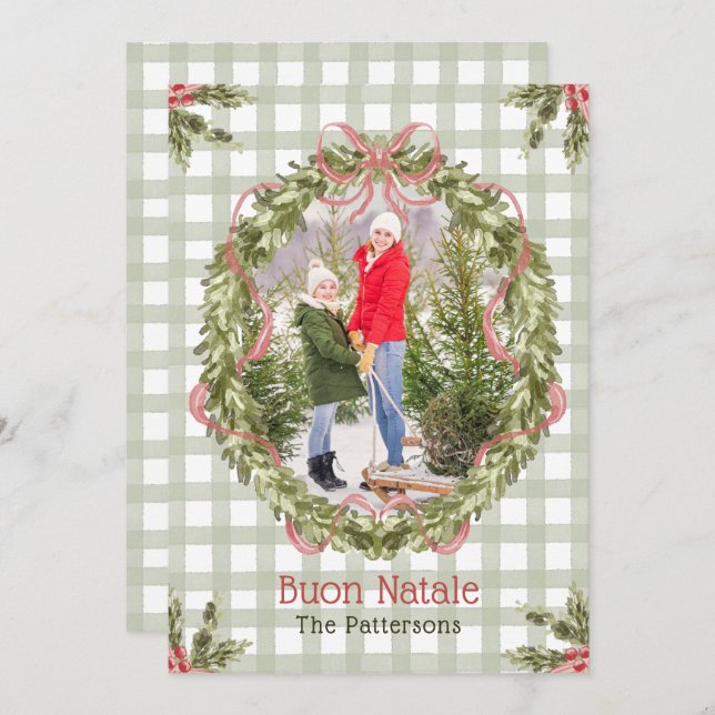 Cartes Pour Fêtes Annuelles Bouon Natale Aquarelle Florale Bow Photo famille (Devant / Derrière)