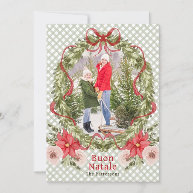Cartes Pour Fêtes Annuelles Bouon Natale Aquarelle Florale Bow Photo famille (Devant)