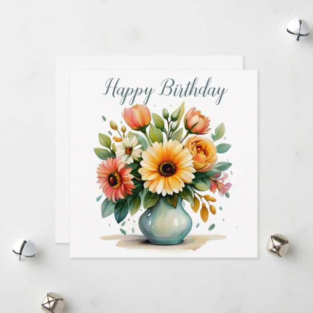 Cartes Pour Fêtes Annuelles Bouquet de fleurs à l'aquarelle pour anniversaire (Devant/Arrière en situation)