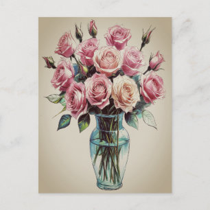 Cartes Pour Fêtes Annuelles Bouquet de roses épanouies Dessin de vase Fleurs A