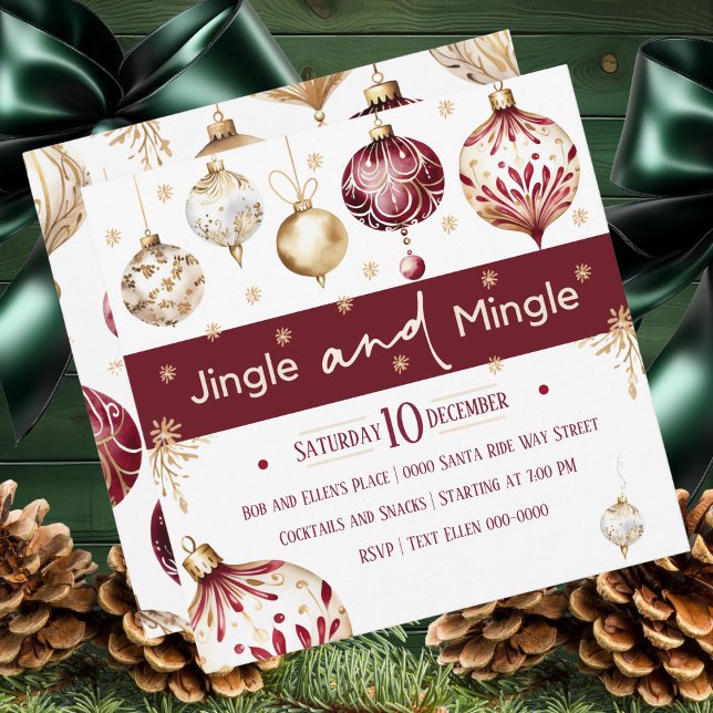 Cartes Pour Fêtes Annuelles Bourgogne et ivoire Jingle et Mingle Party (Bold burgundy baubles adorn this Jingle and Mingle holiday party invite )