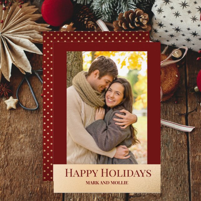 Cartes Pour Fêtes Annuelles Bourgogne Moderne Or Joyeuses Fêtes Photo (Burgundy and gold "Happy Holidays" photo greeting card)